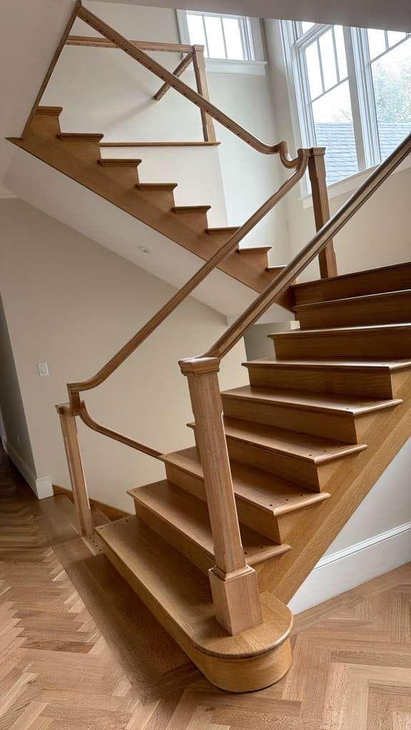 Custom herringbone hardwood staircase