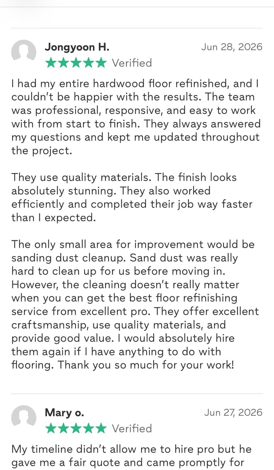 Screenshot of five-star Thumbtack reviews from Jongyoon H. and Mary O.