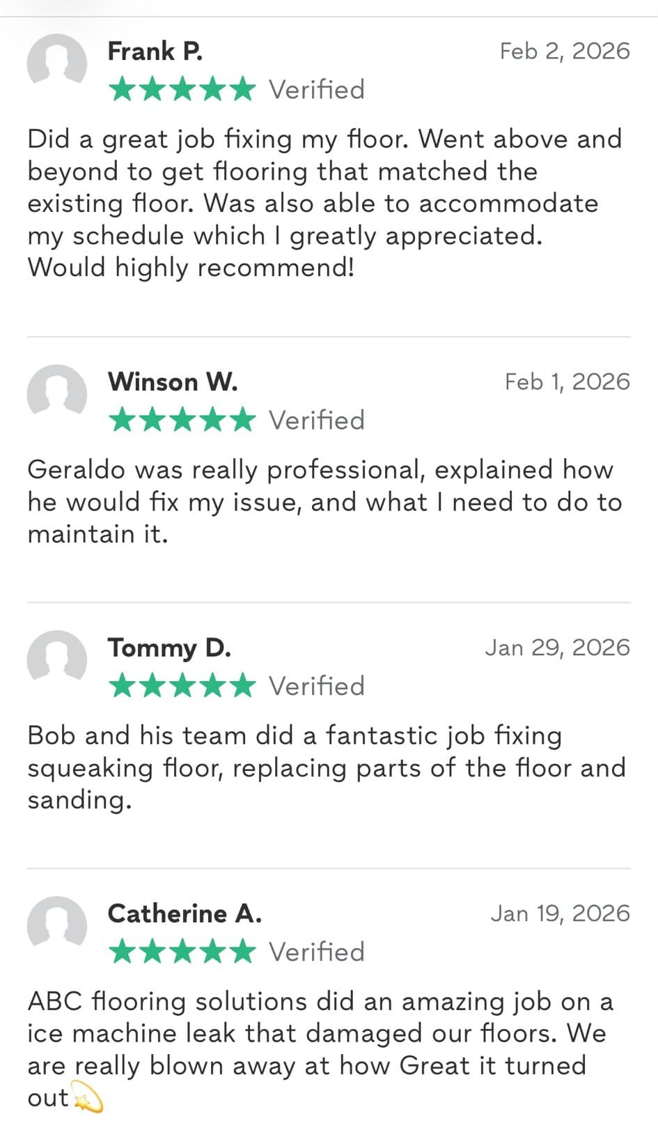Screenshot of five-star Thumbtack reviews from Frank P., Winson W., Tommy D. and Catherine A.