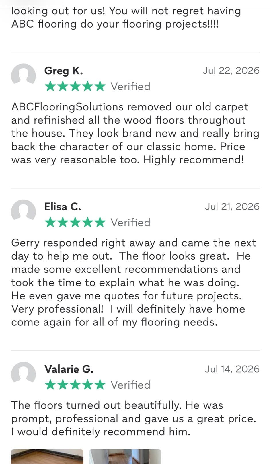 Screenshot of five-star Thumbtack reviews from Greg K., Elisa C. and Valarie G.
