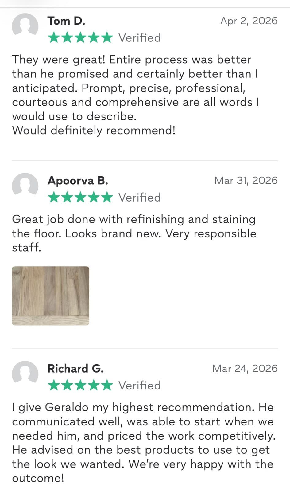 Screenshot of five-star Thumbtack reviews from Tom D., Apoorva B. and Richard G.
